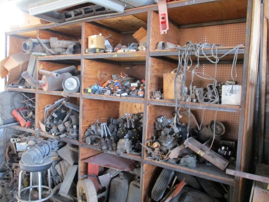 SHELF WITH HYDRAULIC VALVES, YOKES, WINCH, TRACTOR TOP,  PARTS, BEARINGS, &
