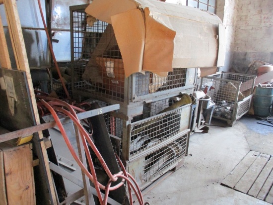 SHELF WITH METAL BASKETS, PTO SHAFTS, SEATS, STARTERS, ALTERNATORS, TIRE MA