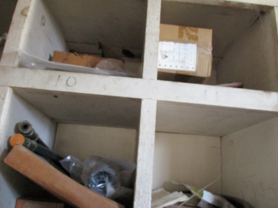 CONTENTS OF WOOD SHELF,  BEARINGS, NUTS, BOLTS, SPRINGS, SEALS, LIGHT SWITC