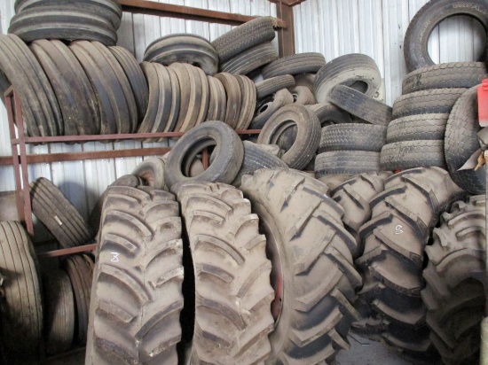LOT OF TRACTOR TIRES,  CAR / TRUCK TIRES, VARIOUS SIZES AND CONDITION, IN B