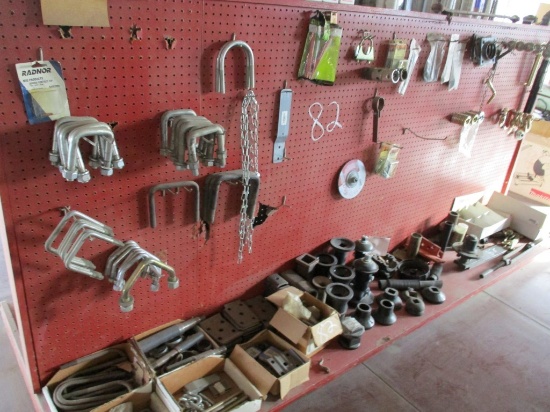 LOT W/ DISK BLADE SPACERS, U BOLTS, HOOKS, HITCH PINS & MISC