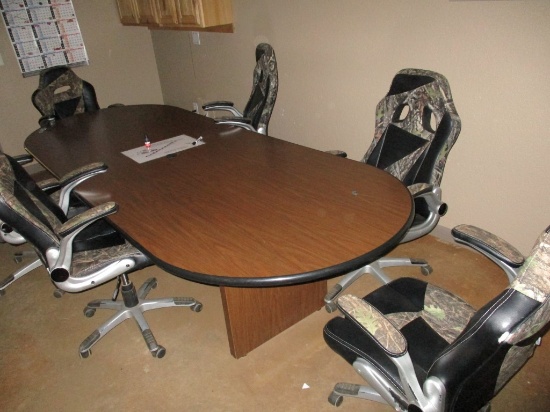 CONFERENCE TABLE,  (6) ROLL AROUND CHAIRS, L-SHAPED DESK, MATCHING CABINET,