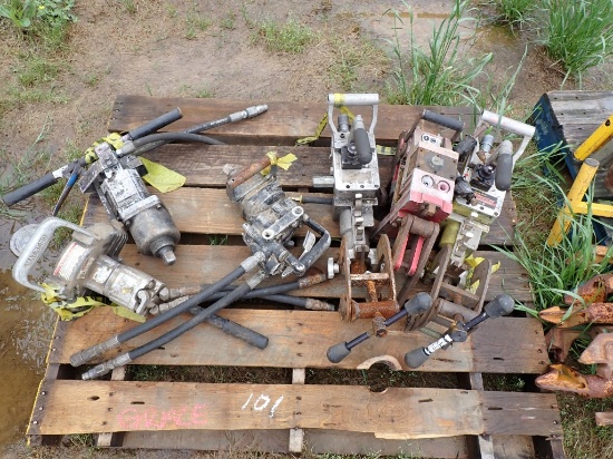 PALLET WITH (3) DRILLS, (2) 1" IMPACTS AND (1) MATWELD GRINDER,  ALL HYDRAU