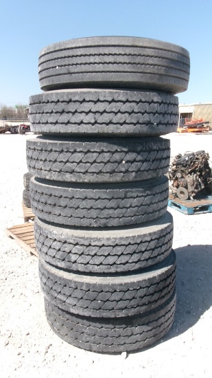 LOT OF TIRES,  (7) 11R22.5", WITH STEEL WHEELS, AS IS WHERE IS