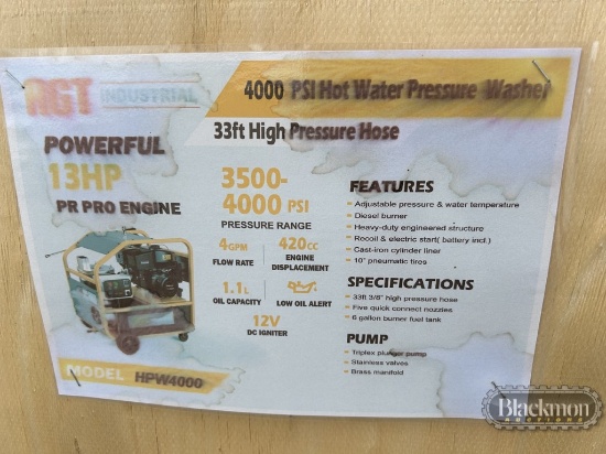 AGT, HPW4000 HOT WATER PRESSURE WASHER,  4 GPM, 3500-4000 PSI, 13HP GAS ENG