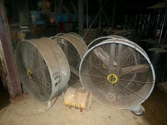 LOT WITH (5) 42" BARREL FANS AND (1) BLOWER FAN  **IN ROON UNDER SEED TANKS