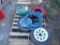 PALLET WITH AIR TANK, HOSE REEL, EXTENSION CORD, AND TIRES