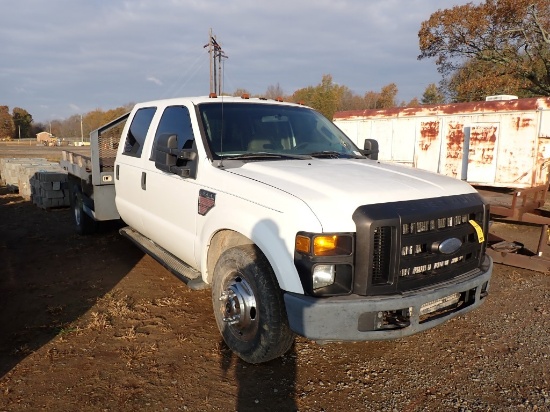 2008 FORD F350 FLATBED TRUCK,  DIESEL, AUTO, CREWCAB, DRW, FLATBED W/ TOOLB
