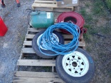 PALLET WITH AIR TANK, HOSE REEL, EXTENSION CORD, AND TIRES