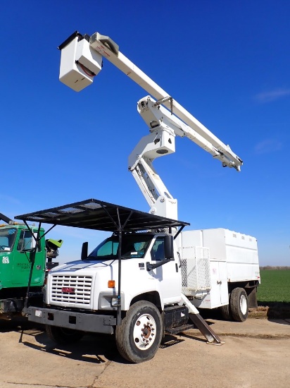 2007 GMC C8500 BUCKET TRUCK, 112,000 (+/-)  W/ DUMP CHIPPER BOX, 75' BOOM,