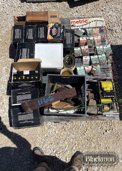 ASSORTED MOTORCYCLE BATTERIES & SMALL HARDWARE,