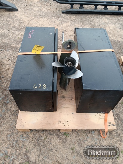 PALLET W/ (2) TOOLBOXES &LOWER UNIT FOR BOAT MOTOR,