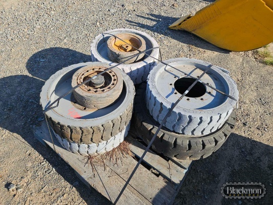 (5) Solid 22 x 7 x 7-38/4 Forklift Tires, (2) Solid 12 - 4 Forklift Tires,