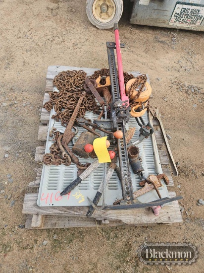 Pallet with Chain Hoist, Chains, Farm Jack, Trailer Jack,