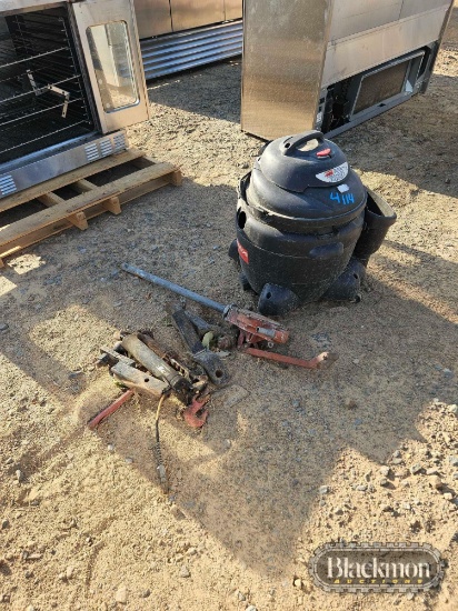Dayton Shop Vacuum, Hand Pump, Chain Binder, Grease Gun, & (3) Ball Mount Trailer Hitches,