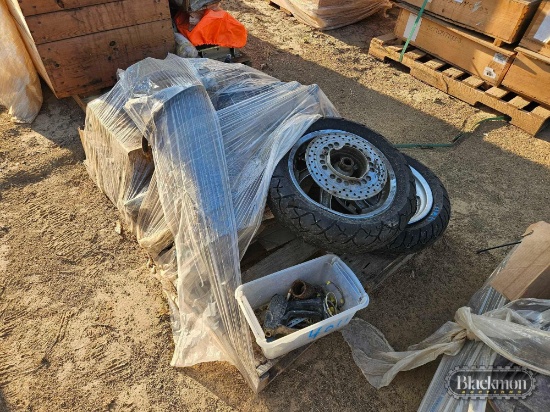 Pallet with (2) Motorcycle Tires, Welding Rods, Paint,