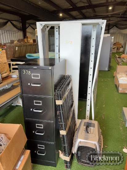 File cabinet, dog kennels and display case