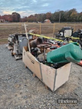 (3) PALLETS W/ OIL HEATER, ISUZU ENGINE, SPRAY TANK, LADDER AND MISC