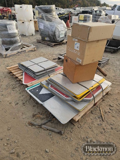 (2) PALLETS OF ROAD SIGNS AND 3 BOXES OF MISC. FILTERS