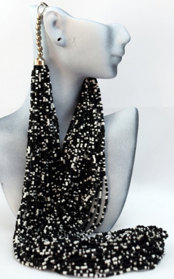 BLACK AND WHITE SEED BEAD CELEBRATION NECKLACE