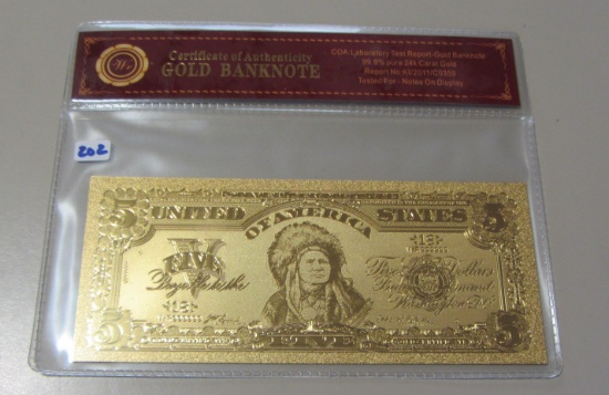 $5 CHIEF 1899 SILVER CERTIFICATE REPLICA GOLD PLATE