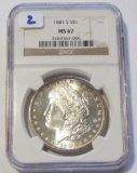 $1 1881-S MORGAN SUPERB GEM NGC MS 67 EXCELLENT EYE APPEAL