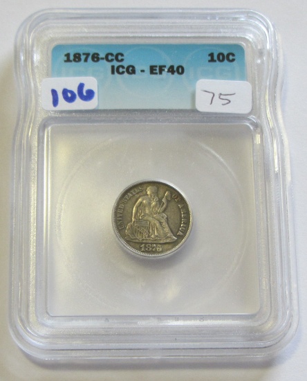 1876-CC CARSON CITY SEATED DIME ICG XF 40