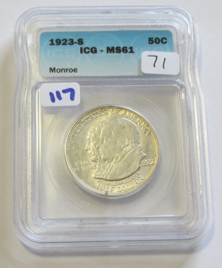 1923-S MONROE SILVER COMMEMORATIVE ICG MS 61