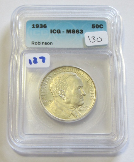 1936 ROBINSON SILVER COMMEMORATIVE ICG MS 63 BID = $130