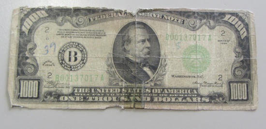 $1,000 HIGH DENOMINATION FEDERAL RESERVE NOTE 1934