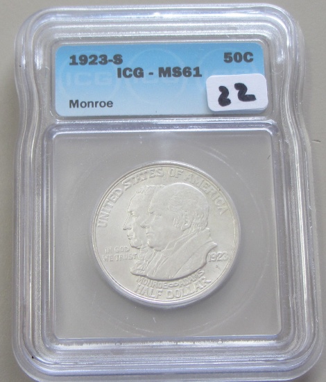 1923-S MONROE SILVER COMMEMORATIVE ICG MS 61