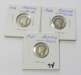 Lot of 3 - 1916, 1920 and 1926 Mercury Dime
