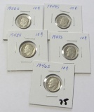 Lot of 5 - 1946, 1947, 1948, 1949S and 1950 Silver Roosevelt Dimes