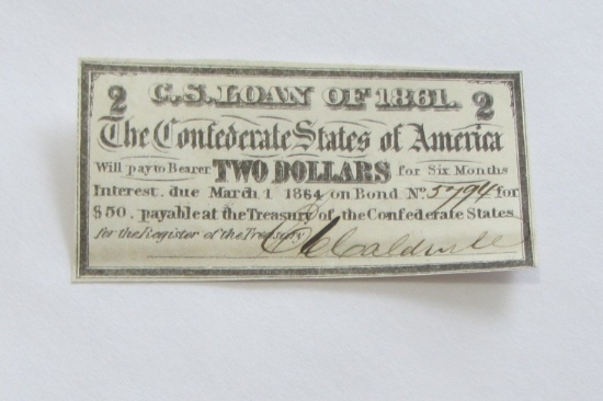 $2 CONFEDERATE BOND COUPON 1861 SMALL SIZE