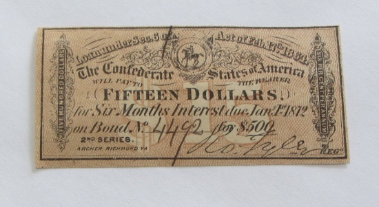 $15 BOND COUPON CONFEDERATE 1864