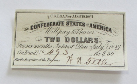 $2 CONFEDERATE BOND COUOPON 1861
