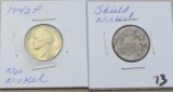 Lot of 2 - 1942-P Silver War Nickel & 5C Shield
