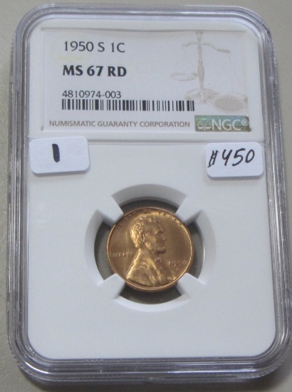 1950-S RED WHEAT CENT NGC GEM 67 NGC PRICE GUIDE $450