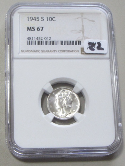 1945-S MERCURY DIME SUPERB GEM MS 67