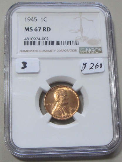 1945 RED SUPERB GEM 67 WHEAT CENT NGC PRICE GUIDE $260