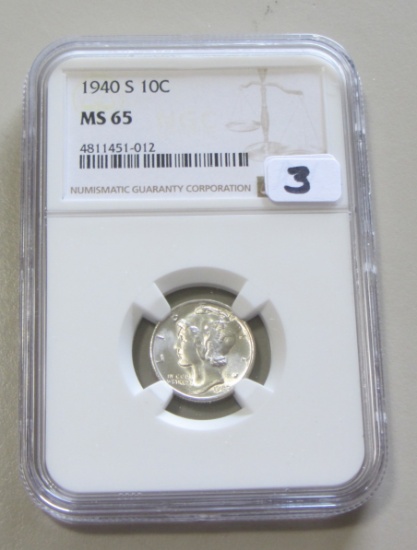 1940-S MERCURY DIME GEM NGC MS 65