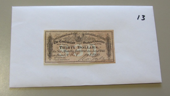 $30 CONFEDERATE BOND COUPON 1864