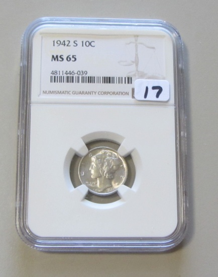 1942-S MERCURY DIME GEM NGC MS 65