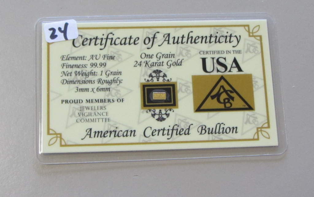 Pure 24 Karat Gold 1 Grain Sealed Bar Coins Currency Bullion Pure 24 Karat Gold 1 Grain Sealed Bar