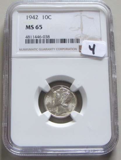 1942 GEM MERCURY DIME NGC MS 65