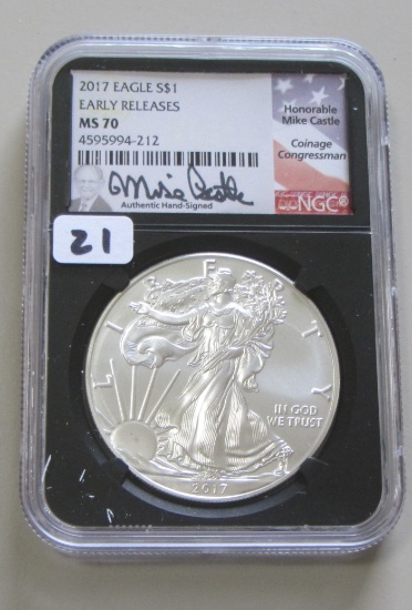 2017 $1 SILVER EAGLE AUTOGRAPHED MIKE CASTLE NGC MS 70 PERFECT