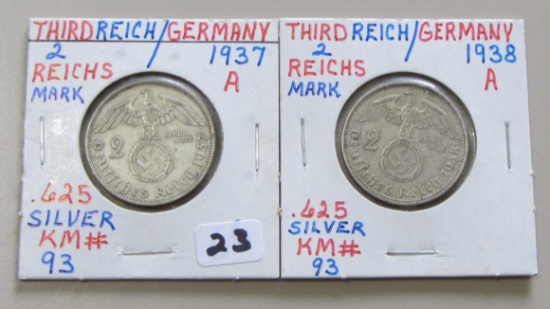 1937A 1938A GERMANY SILVER 2 MARK COINS