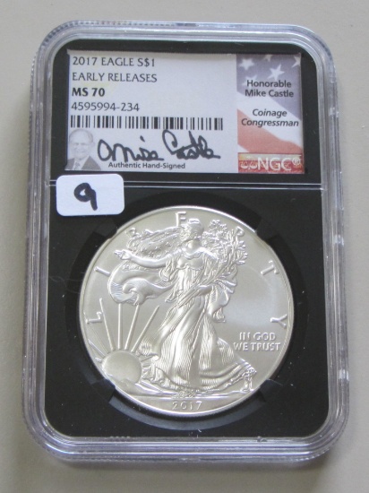 2017 $1 SILVER EAGLE AUTOGRAPHED MIKE CASTLE NGC MS 70 PERFECT