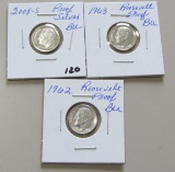 Lot of 3 - 1962, 1962 & 2008-S Silver Proof Roosevelt Dimes BU