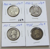Lot of 4 - 1937, 1938, 1943-S & 1962-D Silver Washington Quarter 